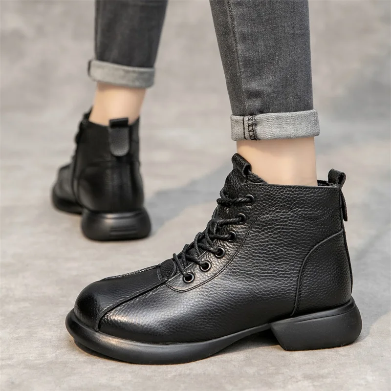 GKTINOO 2024 Winter Women Ankle Boots Genuine Leather Thick Heel Zipper Soft Soled Retro Style Casual Mother Short Boots