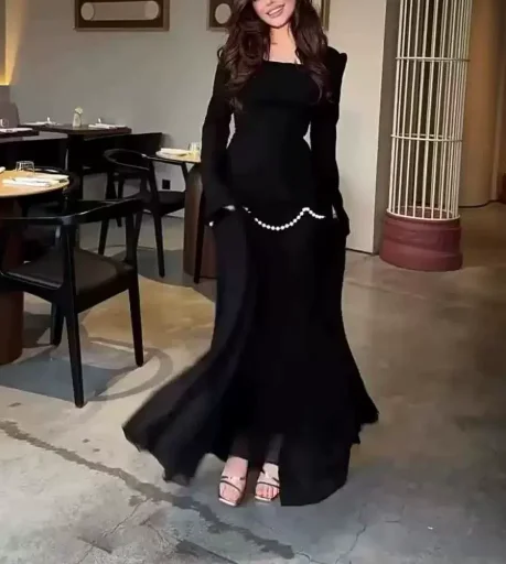

Women's Dress Square Collar Long Sleeved Elegant Pearl Decoration Patchwork Long Skirt Gorgeous Socialite Style Elegant Dress