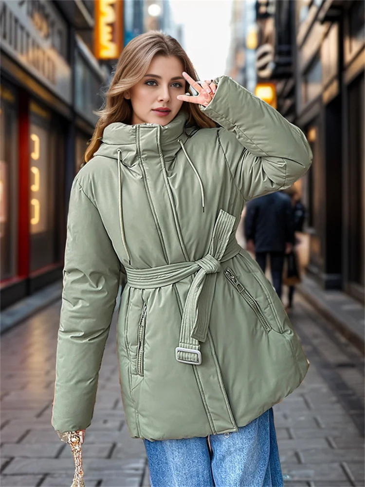 Women\'s Padded Clothes 2024 Winter New Casual Temperament Cinched Waist Hooded Mid-Length Down Padded Jackets Thicken Coat