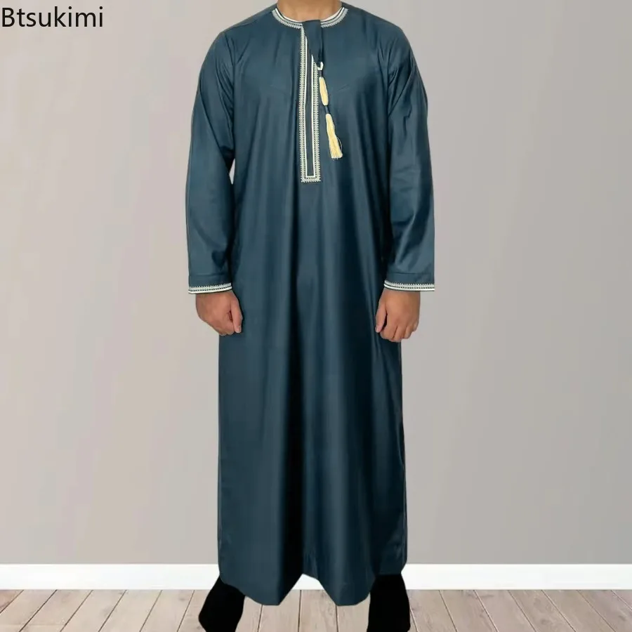 New Men's Muslim Fashion Abayas Dress O Neck Long Sleeve Pullover Kaftan Pakistan Saudi Arab Caftan Islamic Clothing Prayer Robe