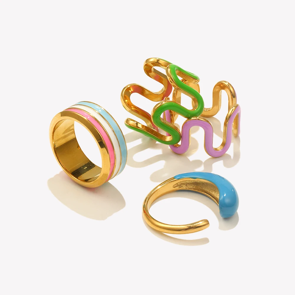 E.B.belle Summer Stainless Steel Enamel Asymetric Droplet Thead Pattern Wave Spring Shape Rings Women Finger Jewelry