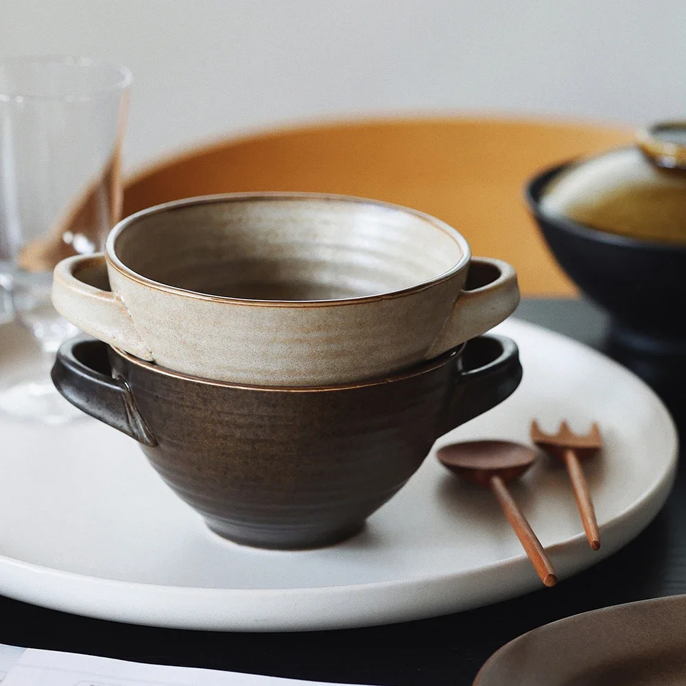 Double Handle Porcelain Bowl Hand Made High Grade Ceramic Food Container Breakfast Yogurt Fruit Salad Milk Oats Bowls