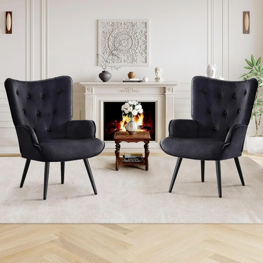 

Velvet Accent Chair for Living Room, Upholstered Reading Chair with High Backrest, Tufted-Button Wingback Armchair for Bedroom,