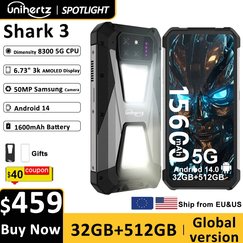 Unihertz SHARK 3 by 8849 스마트폰 안드로이드 14 32GB 512GB 크기 8300 3K AMOLED 화면 11600mAh 야간 카메라 5G 견고한 전화