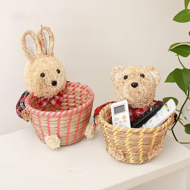 

Straw bear desktop storage basket table remote control mobile phone organizer for cosmetics key living room storage box basket