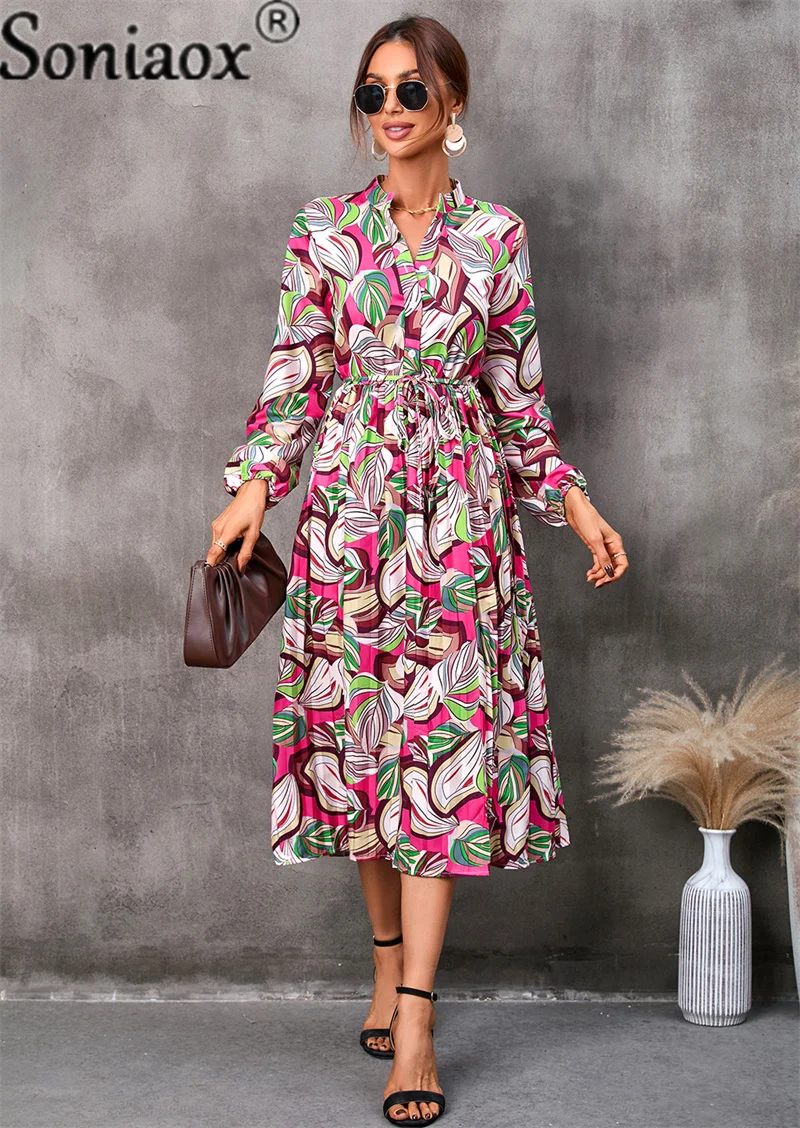 

Autumn 2022 Women Casual Loose Mid Length Dress Shirt Collar Vintage Leaf Print Female Dress Elegant Long Sleeves Pleated Skirt