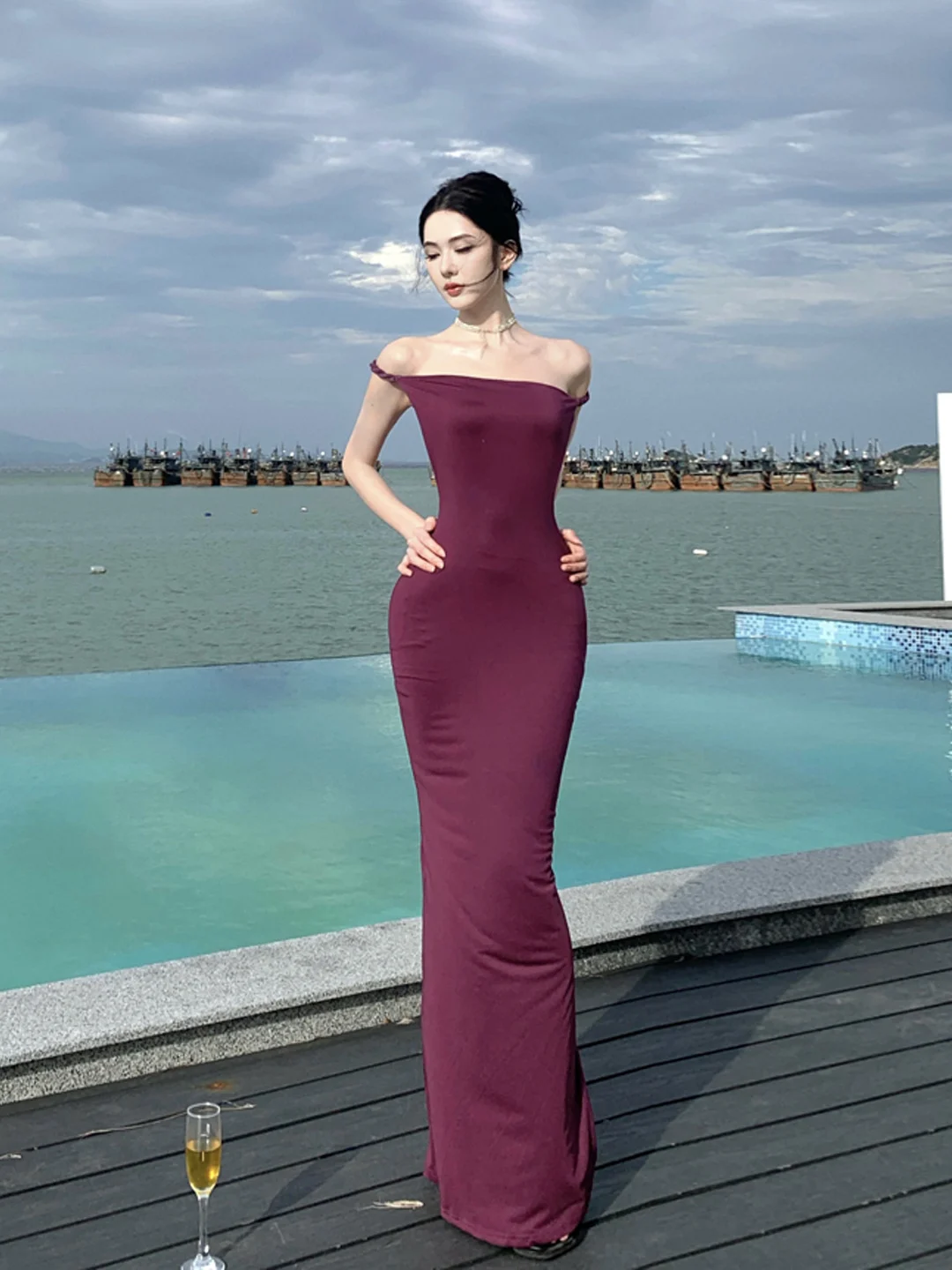 

Sexy Sanya Beautiful Purple Beach Dr Vaion Big Bal Hanging Ne Long Skirt ow Body Wrap around Waist Slim Fit