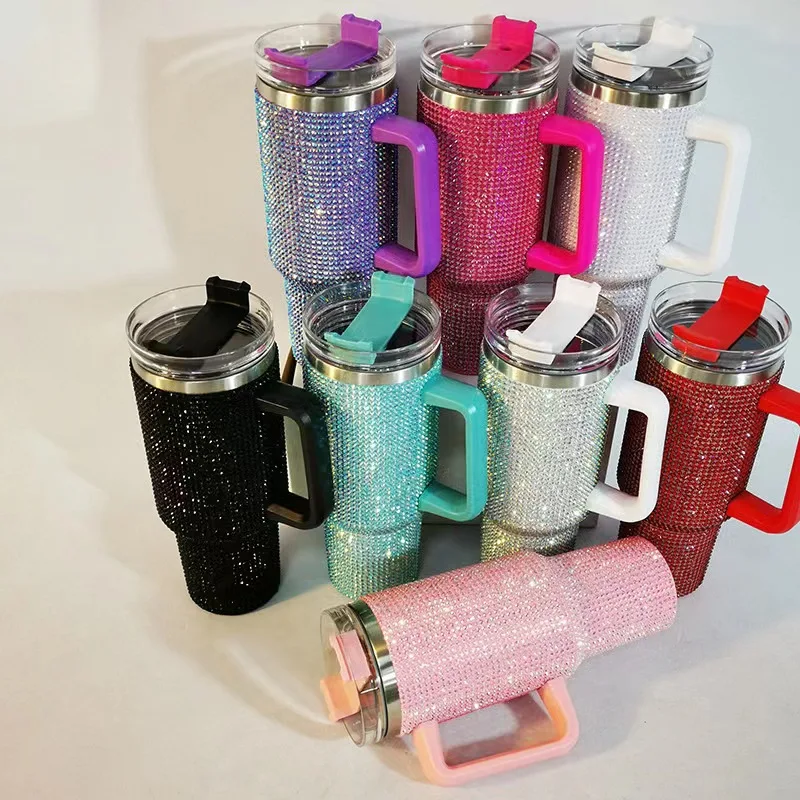 Solid Color Insulated Mug with Diamonds Thermal Coffee Cup with Straw Stainless Steel Vacuum Insulated Tumbler 40oz Thermal Iced