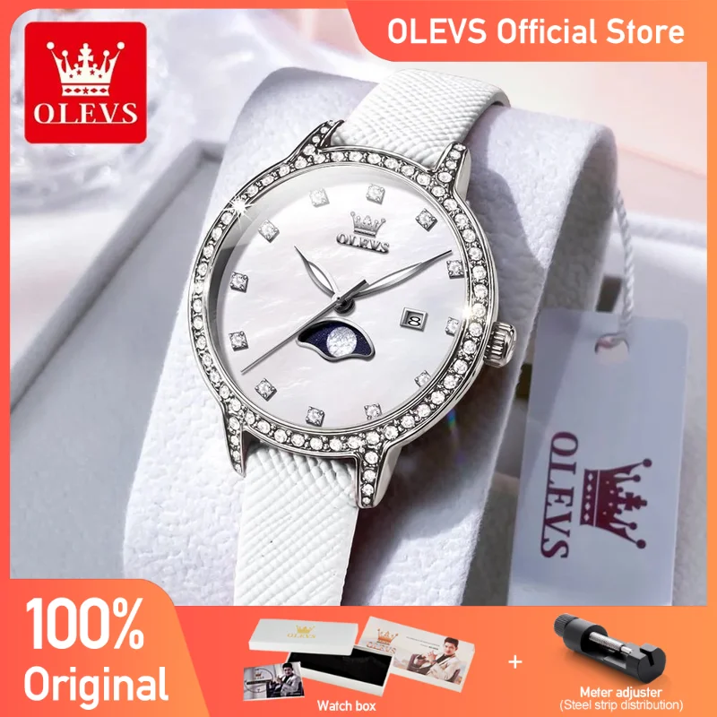 OLEVS Women\'s Watches Simplicity Elegant Original Female Wristwatch Comfortable Leather Strap Waterproof Luminous Moon Phase