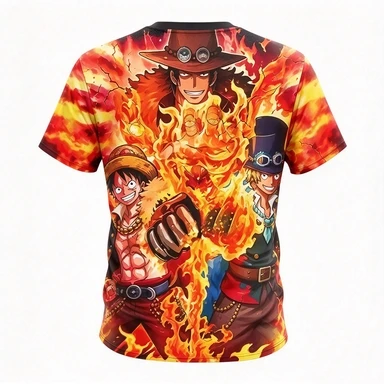 One Piece Luffy, Ace, Saab ASL, Three Brothers with Flame Backgrounds, Battle Prints, Anime, Casual Street Wear, Trendy Tops