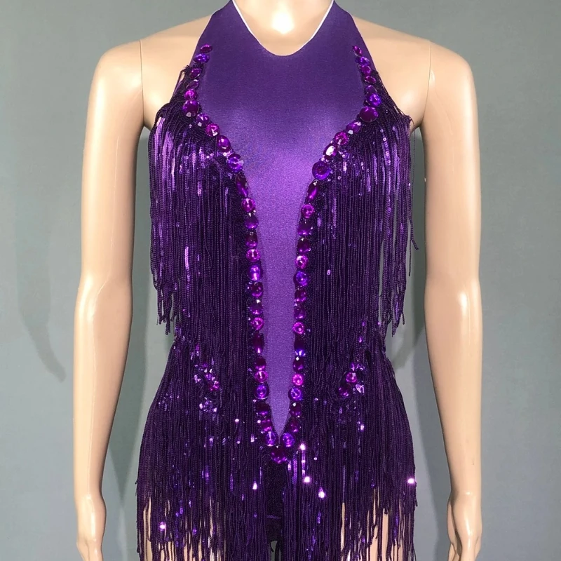 

Блестящие ярко-розовые кристаллы с блестками и бахромой, боди для женщин, сексуальный танцевальный костюм с открытой спиной, танцовщица, шоу, сценическая одежда