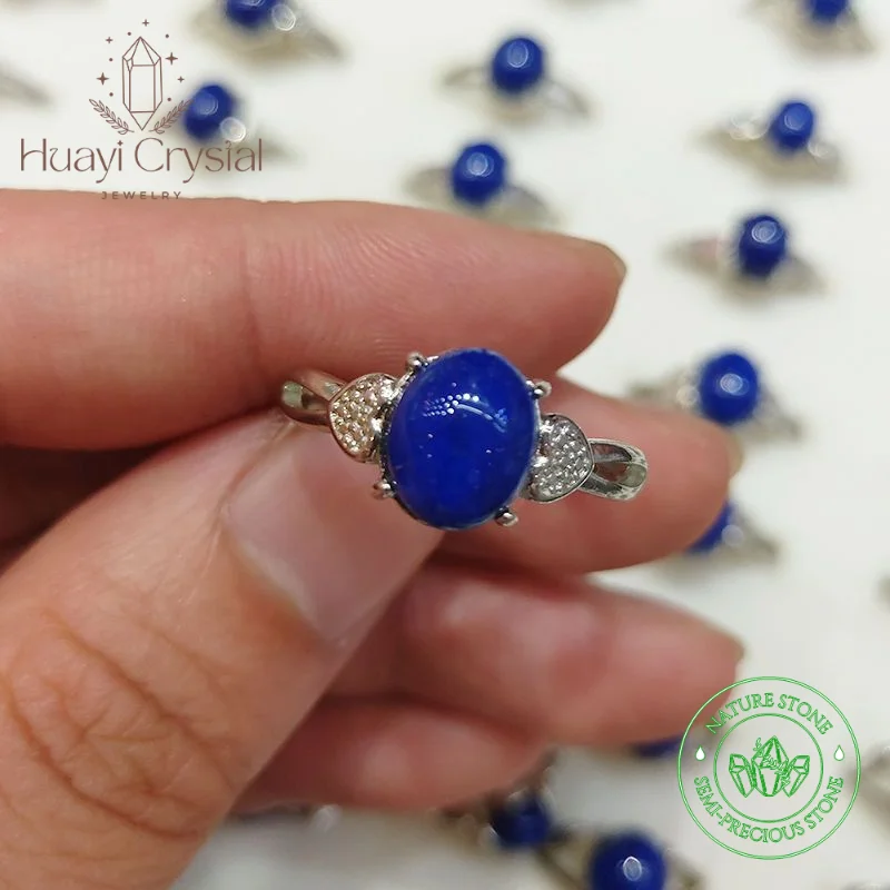 HUAYI Natural Afghan Lapis Lazuli Egg Face Ring Silver Plated Zirconia for women