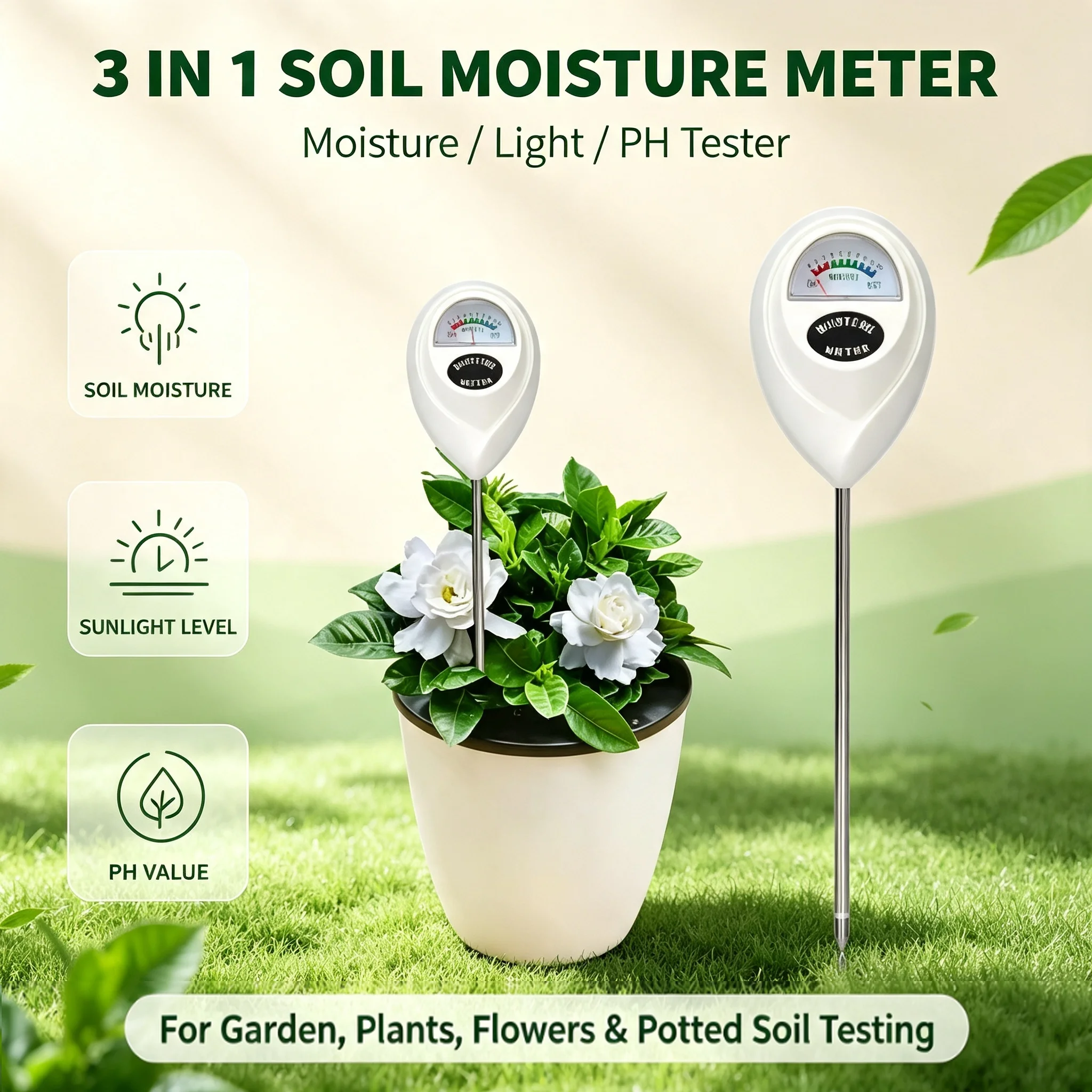 3-in-1 Soil Moisture Meter – No Battery Sunlight & PH Tester, Digital Probe for Water/Acidity/Humidity/Light, Garden Plant Tool