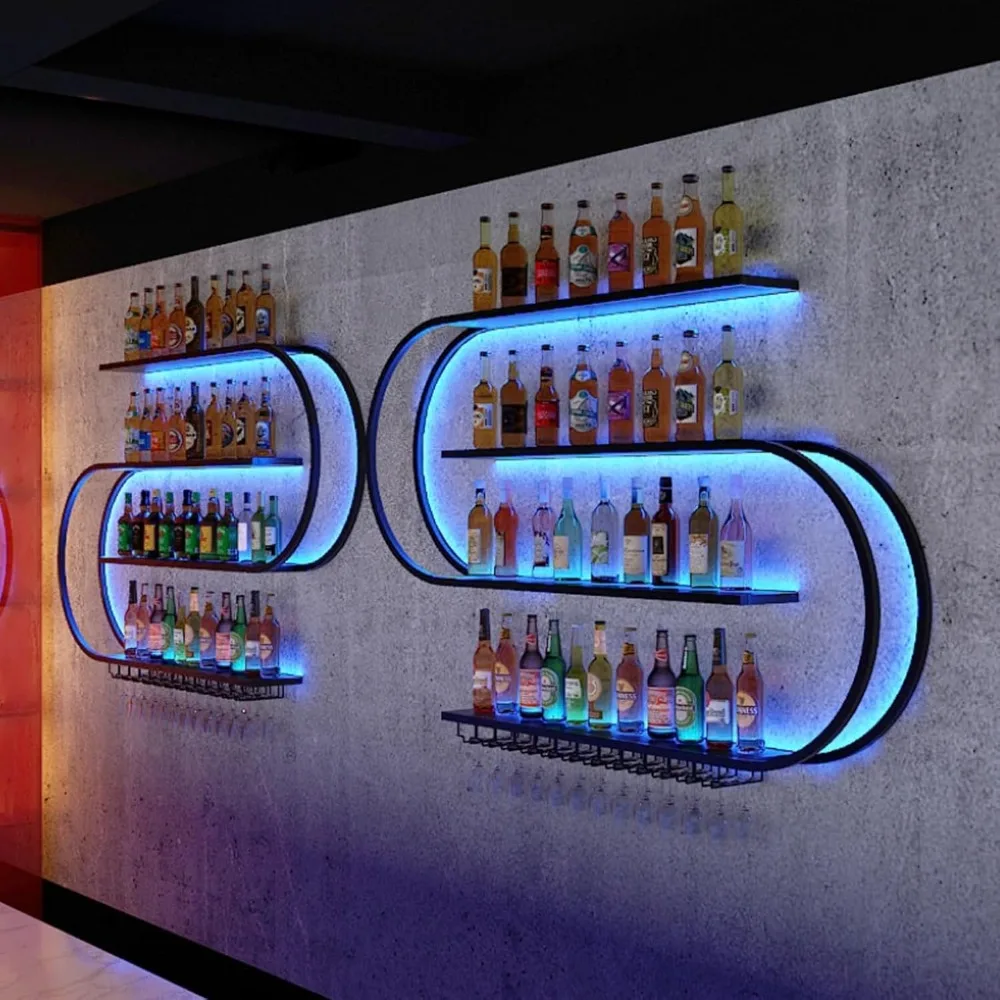 رف نبيذ متعدد الطبقات مثبت على الحائط نصف دائري مع خطافات زجاجية للمطبخ والبار