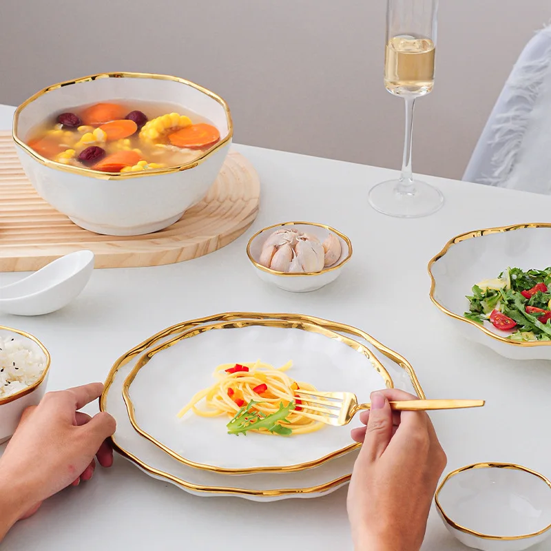 Gold Edge Ceramic Dinner Plated Rice Noodles Soup Bowl Internet Celebrity Fruit Salad Bowl Plates