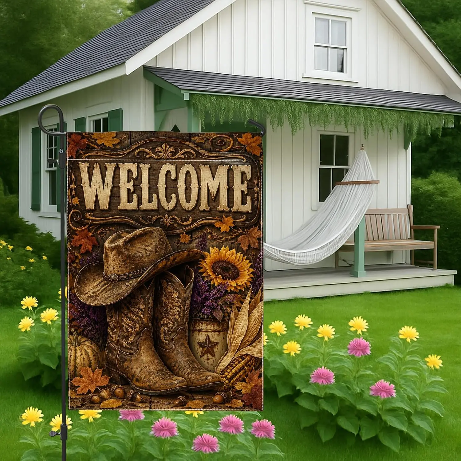 Boots Garden Flag, Rustic Country Hat Sunflower Fall Brown Double Sided Burlap Decorative Outside Flags for Outdoor Patio La uui