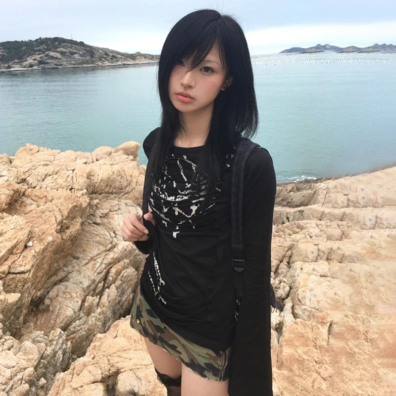 Karrram Japanese Y2k Tattoo Print T-shirt Grunge Gothic Long Sleeve Irregular Top Black Vintage Harajuku Streetwear Trashy 2000s