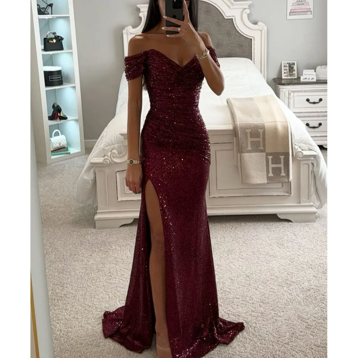Women's Elegant Off Shoulder A Line Long Sequin Party Dress for Wedding Guest, Prom, Wedding Party, Color Block Sleeveless Gown