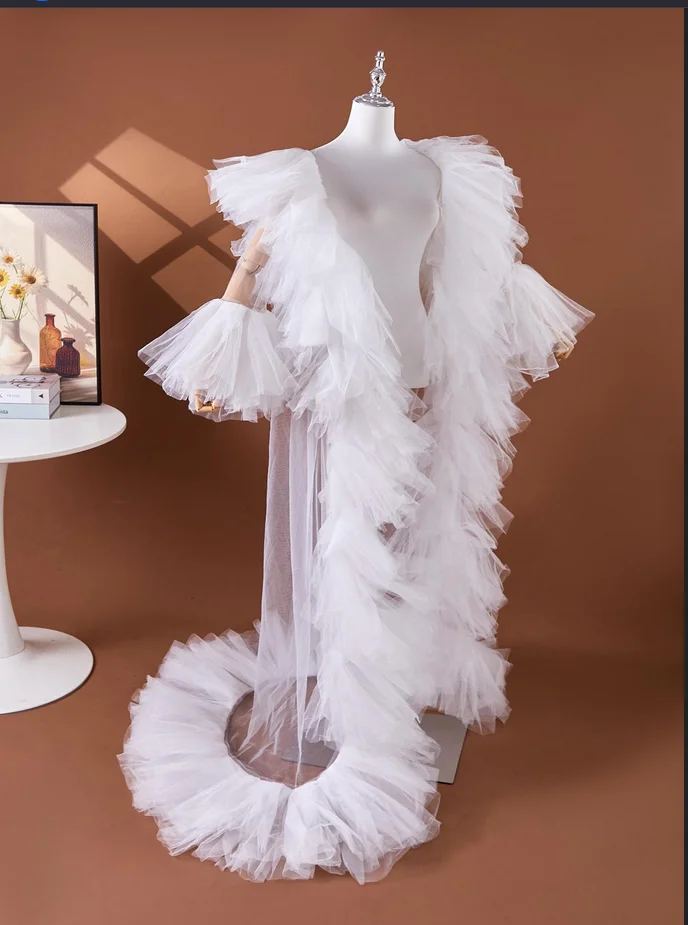 Dramatic Tulle Ruffle Shawl Bridal Cape Veil Couture Wedding Wrap long sleeves cloak customcolor