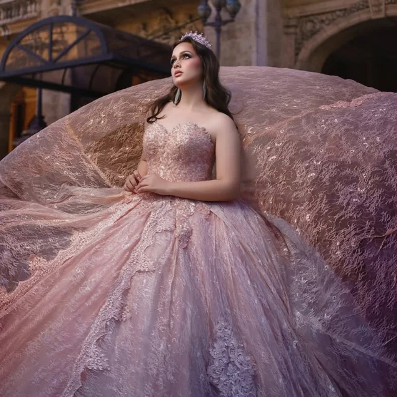 

Блестящее розовое платье Quinceanera с кристаллами и блестками, многослойная наклейка с цветком, длинный хвост, Vestidos De 15, Quinceanera ﻿ Настроить