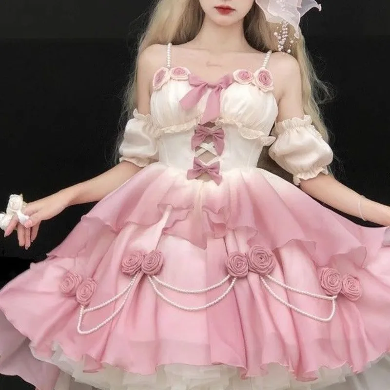 Vestidos de arco bolo vestido gótico japão kawaii y2k lolita azul branco preto renda escavada manga comprida vestido pulôver em camadas novo