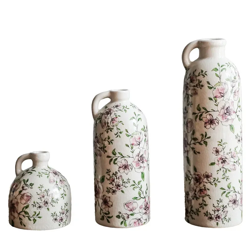 Retro Ceramic Flower Vase Set 3pcs Pastoral Home Decor for Living Room Dining Table Desktop Ornament