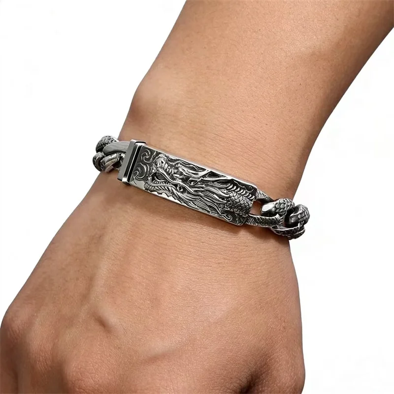 

Ethnic Style Dragon Pattern Buckle Bracelet For Men Jewelry Personality Retro Chain Bracelet Male Hand Accessories 22 20cm