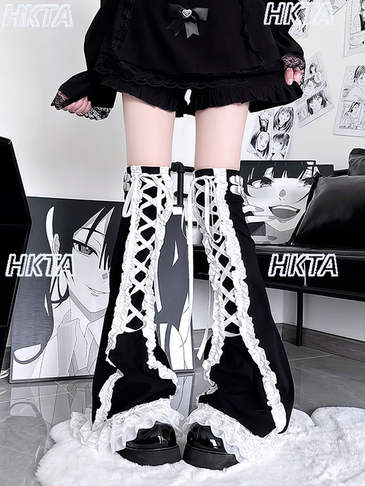 Sottocultura giapponese Calzini alti al ginocchio dolci Scaldamuscoli Lolita Pizzo Versatile Nero Bianco Copri gamba lunga Accessori di abbigliamento Donna