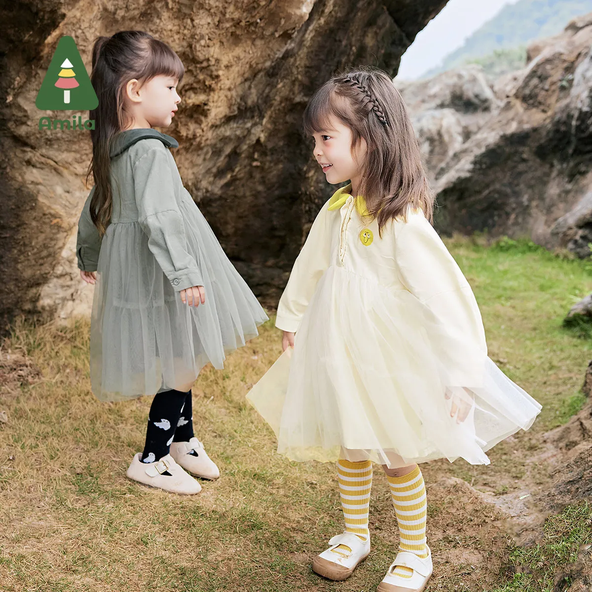 Amila Baby Dress 2024 Autumn New Style Girls Sweet Solid Color Corduroy Doll Collar Loose Casual Lantern Sleeve Soft Gauze Skirt