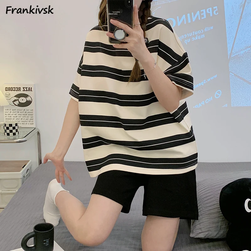 Striped Pajama Sets Women Loose Contrast Color O-neck Korean Style Streetwear All-match Daily Simple College Summer Soft Hipster