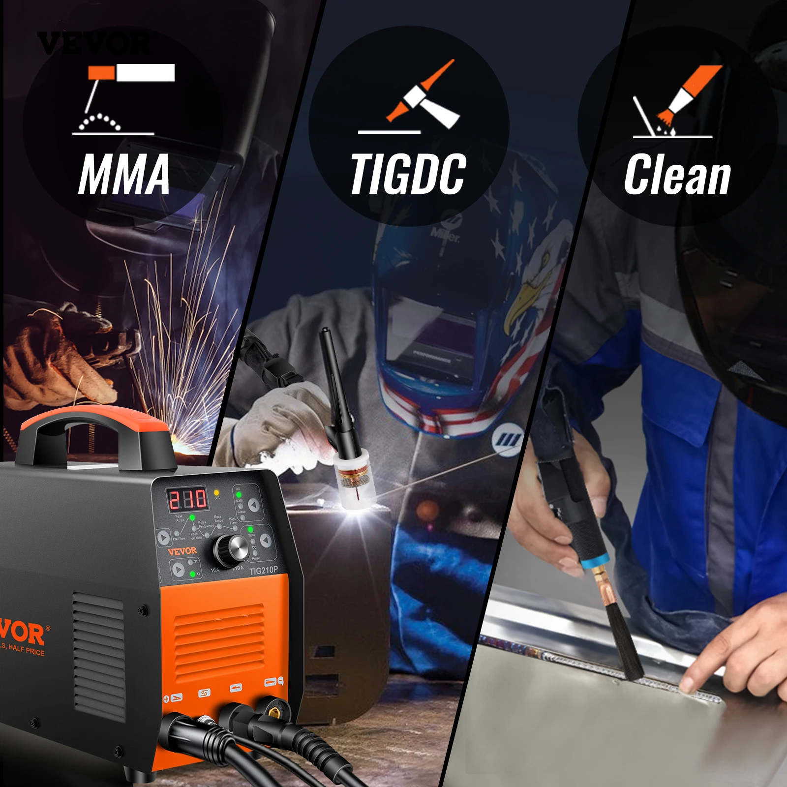 VEVOR Tig Welder HF TIG/Stick/Arc Welder 3 IN 1 TIG ARC Clean Welder Machine 200 Amp 110/220V Dual Voltage TIG Welding Machine