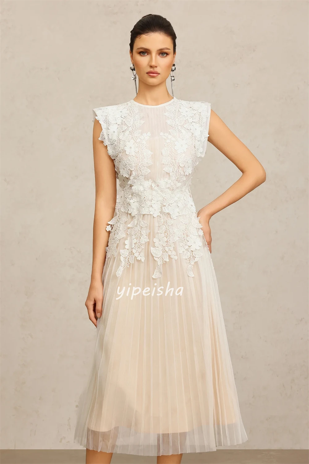 Customized Elegant Fashion Tulle Applique Pleat Straight Scoop Neck Tea Length Dresses Bespoke Occasion Dresses Modern Style image 5