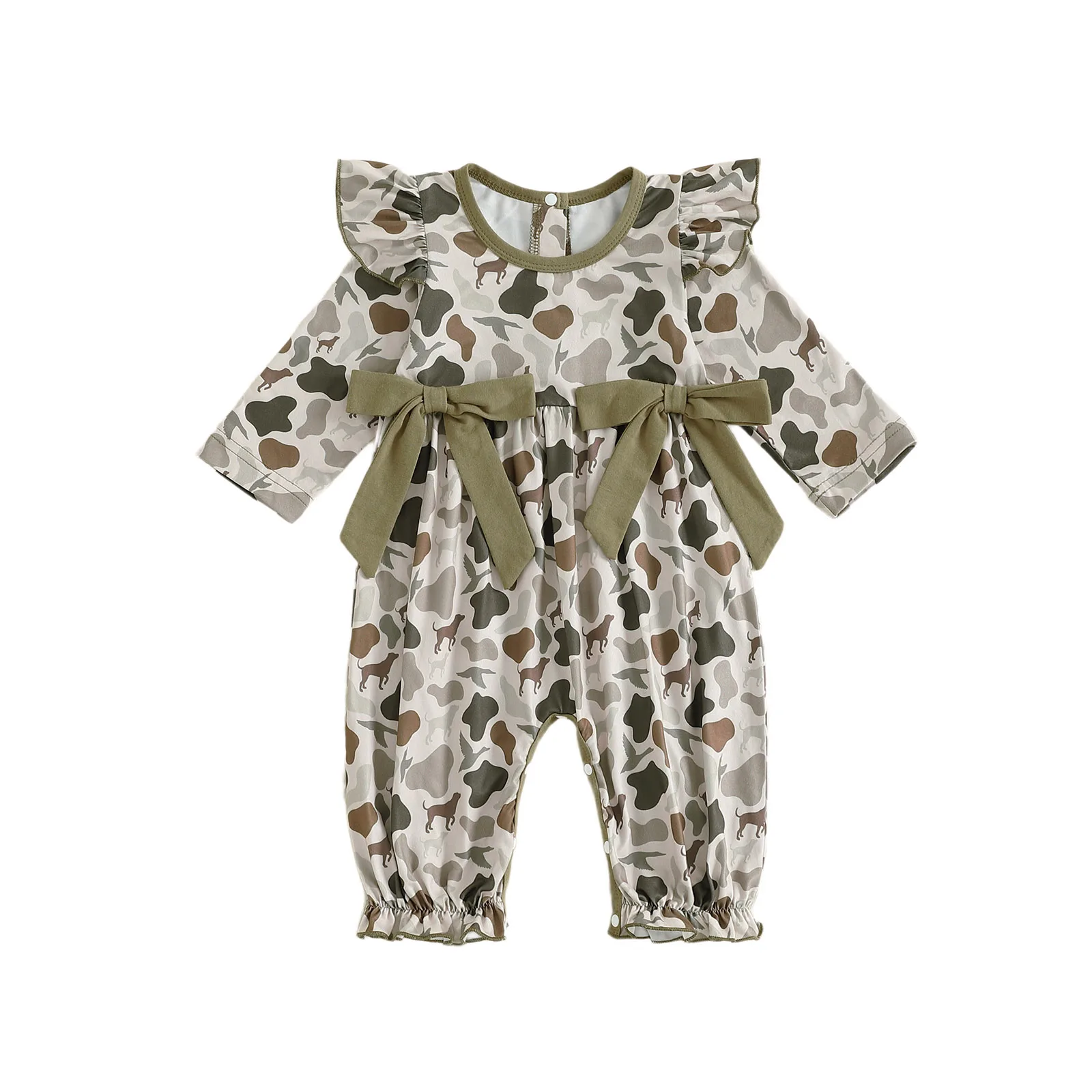 

Baby Girl Fall Romper Long Sleeve Round Neck Camouflage Print Ruffle Jumpsuit Infant Pajamas