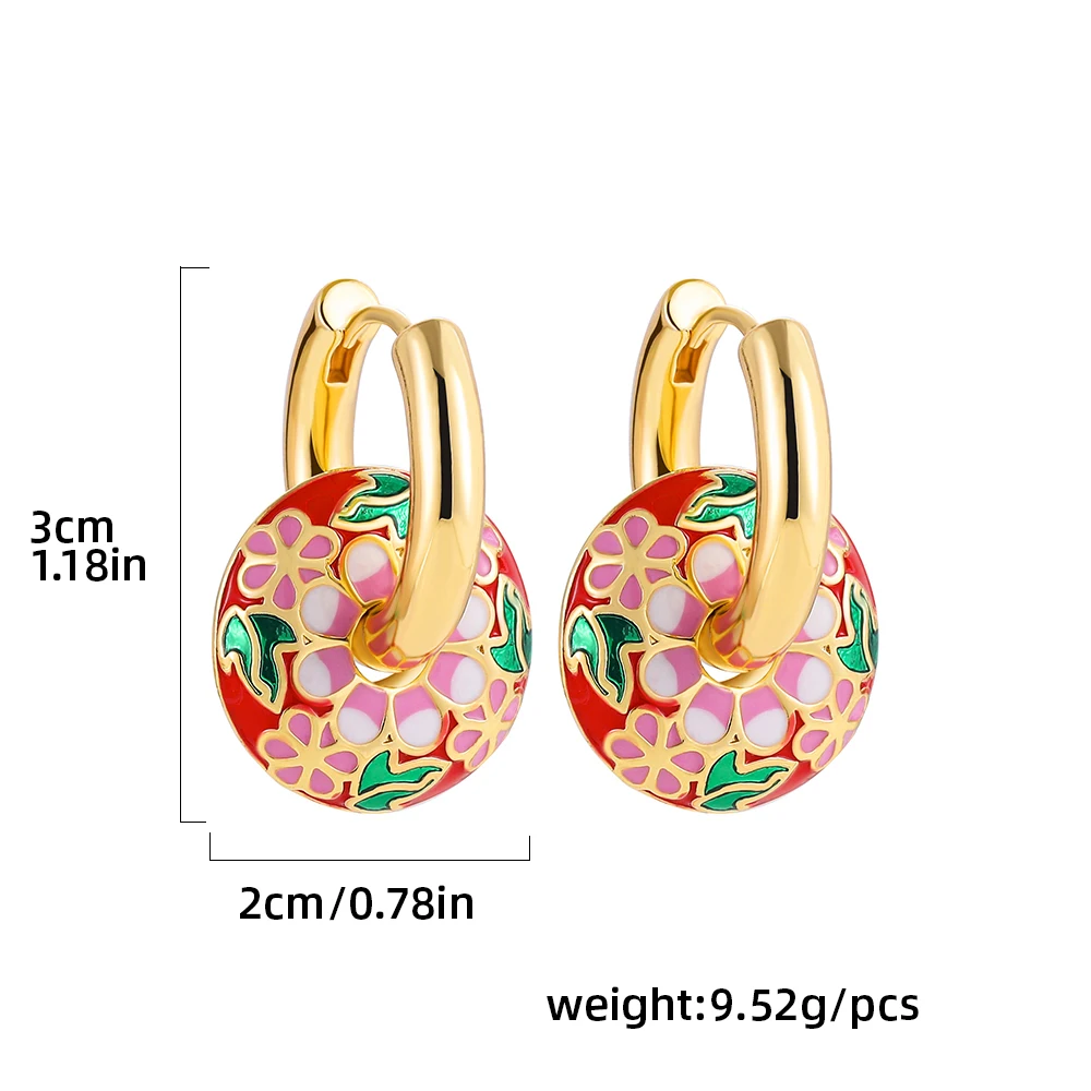 Vintage Round Enamel Colorful Flowers Circle Charms Dangle Earrings for Women Stainless Steel 18K Gold Plated Huggies Earring