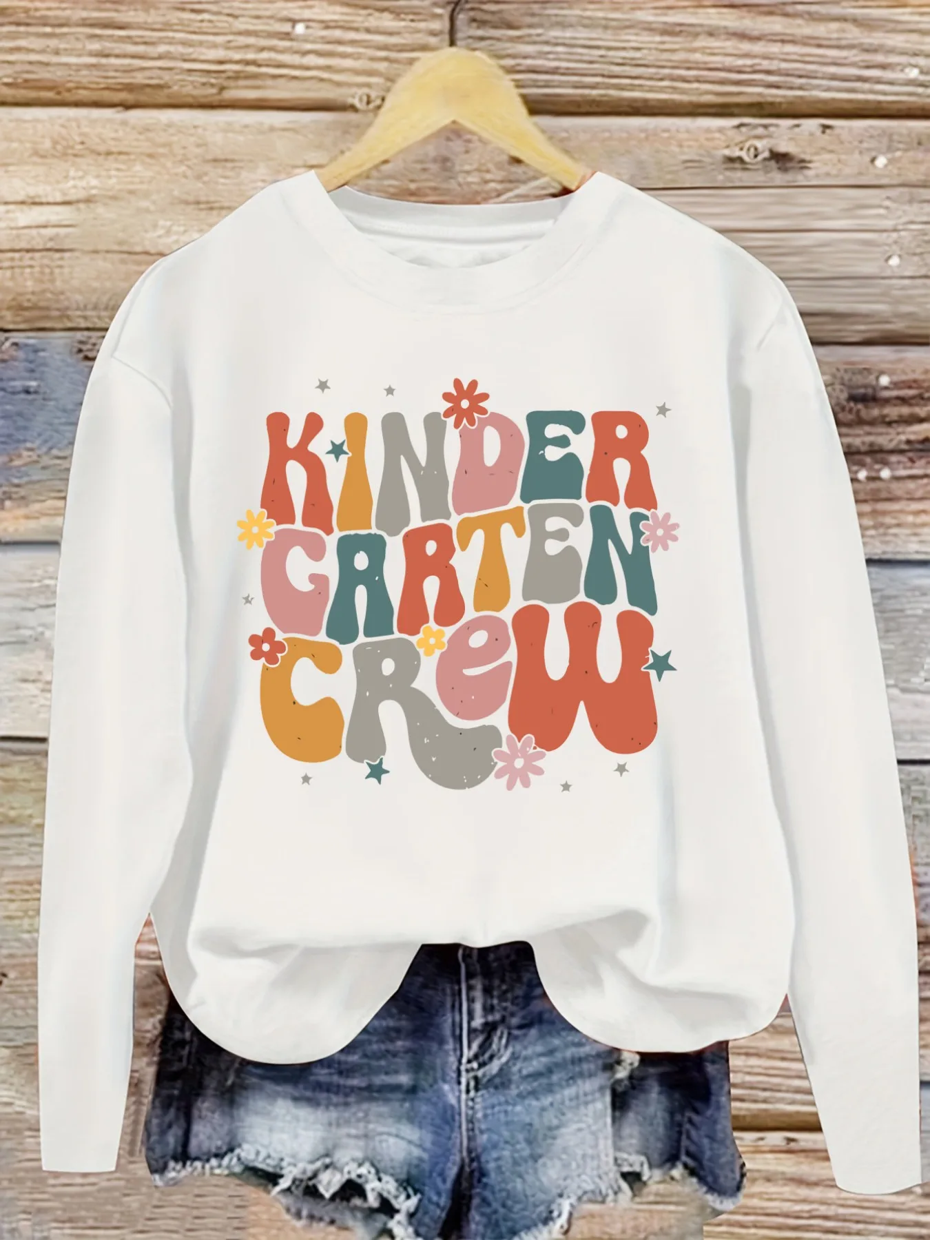 Women's Casual Long Sleeve Crew Neck T-Shirt Kindergarten Crew Floral Print Design, Round Neck Women's Clothing, Machine Washable, Slightly Elastic, Loose Fit, Spring Autumn Winter Women's T-Shirt, Halloween Costume Outfit view 5
