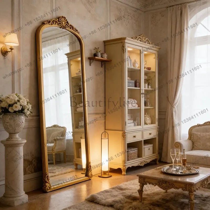 French retro home bedroom full-length mirror wall hanging carved living room floor mirror
