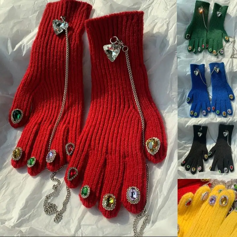 D0UD Knitted Thick Warm Gloves Winter Shinning for Rhinestone Decor Glove for Te