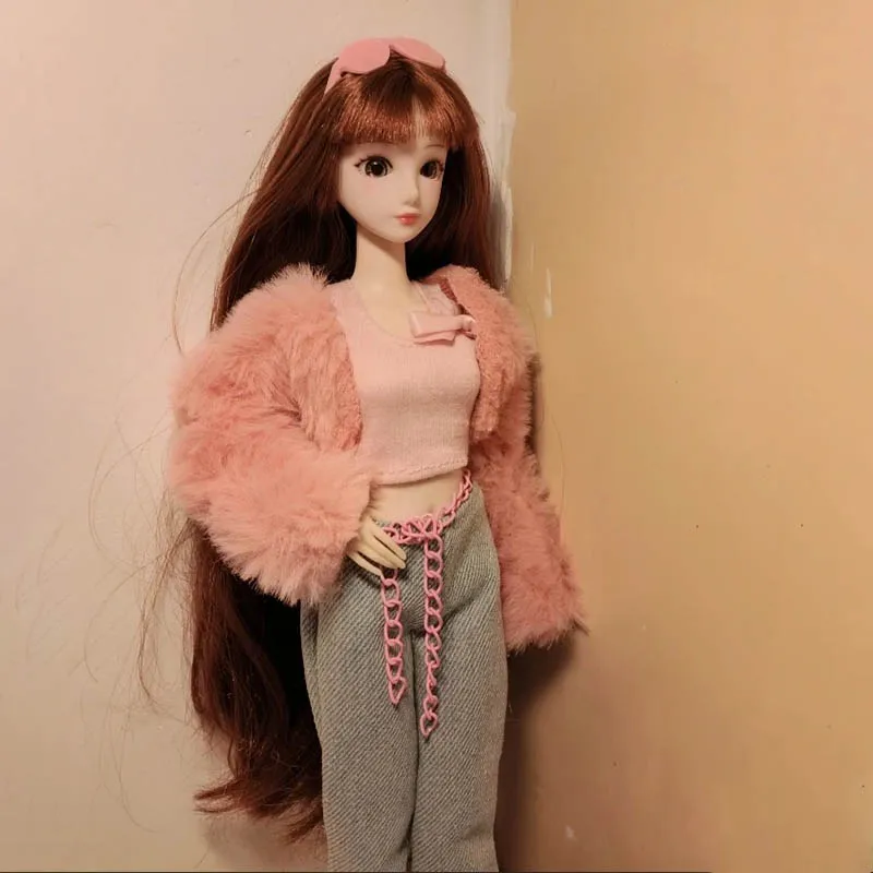 1/6 BJD Supermodel Puppe Kleidung Mode Süße Winter Plüsch Jacke + Weste + Schleife Hosen Set Für 30 cm Puppe Täglichen Dress Up
