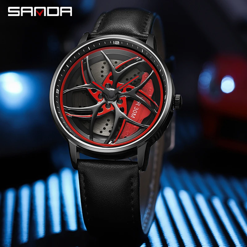 Imagem -02 - Sanda-homens de Luxo Casual Pulseira de Couro Sport Quartz Relógio de Pulso 360 Girando Carro Roda Dial Relógio Masculino Design Criativo P1091 2023