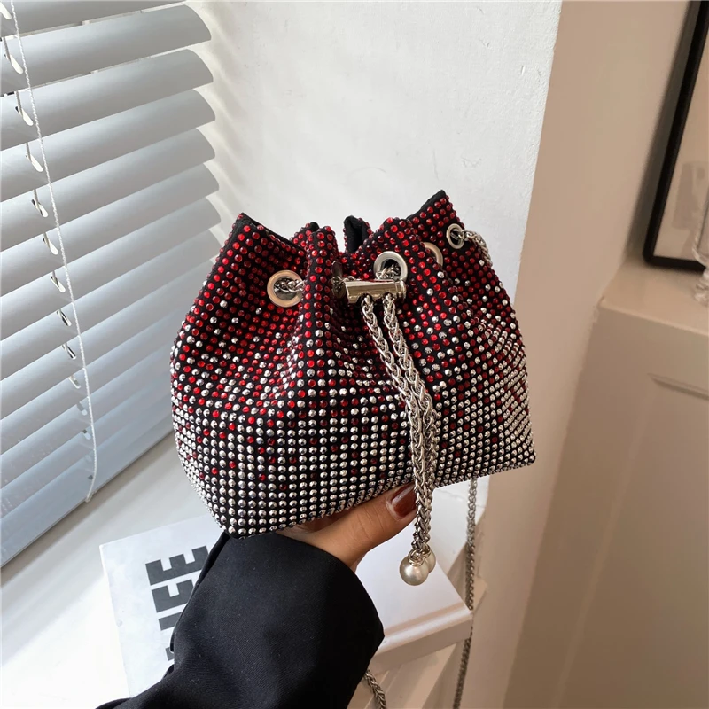 Women Fashion Drawstring Bucket Shoulder Bags Luxury Rhinestone Evening Party Chain Crossbody Pouch Female Small Purse Handbags