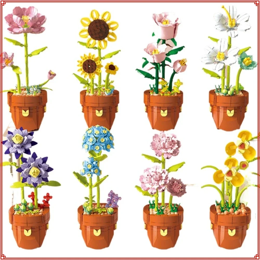 

Potted Flower Bouquet Building Blocks Simulated Sunflower Carnation Lily Assembly Puzzle Model Toy Home Decorations Kids Gifts