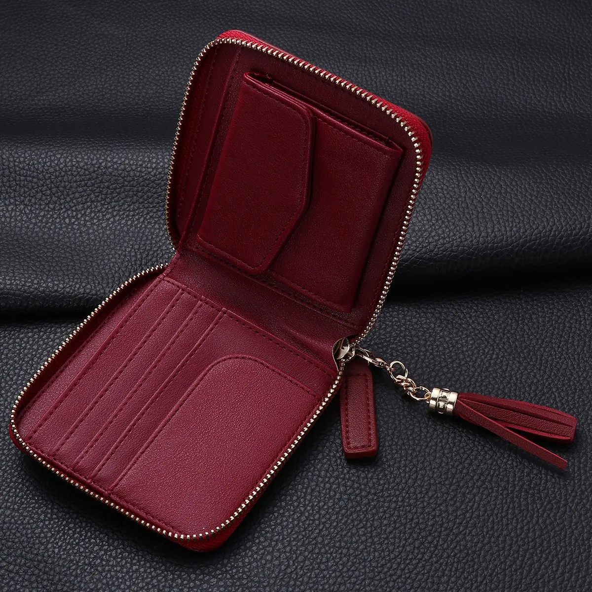 Short Wallet For Pu Compact Clutch 10X10.5X2.1Cm Wine Red Lightweight Daily Use Chic Purse Fashion Women