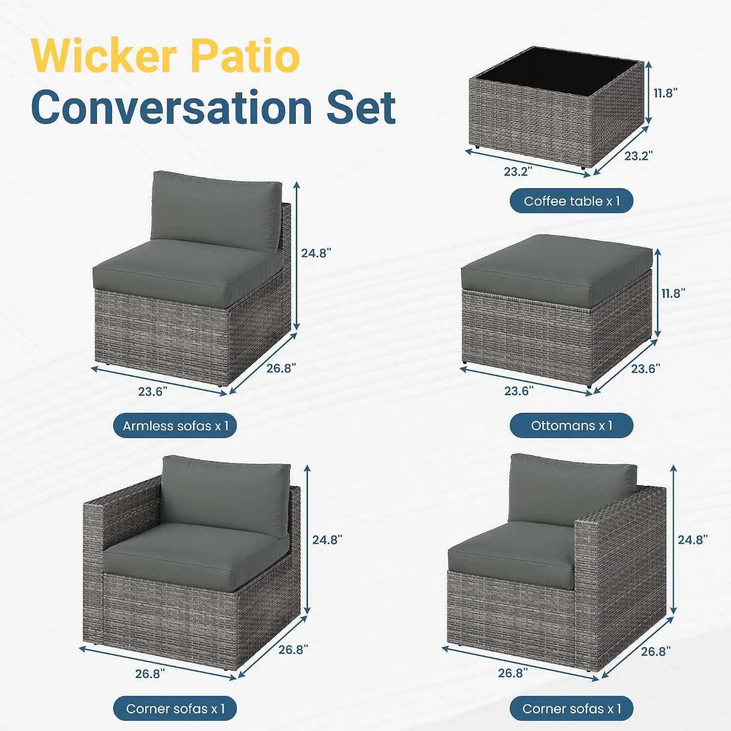 5-Pieces Outdoor Patio Furniture Set, All Weather Wicker Rattan Sectional Sofa, Patio Conversation Set with Cushions & Glass Cof