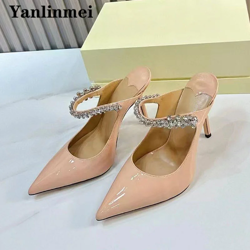 

Luxury Crystal High Heels Shoes Woman Pointed Toe Slingbacks Party Prom Shoes Satin Stiletto Sandals For Women Summer Pumps