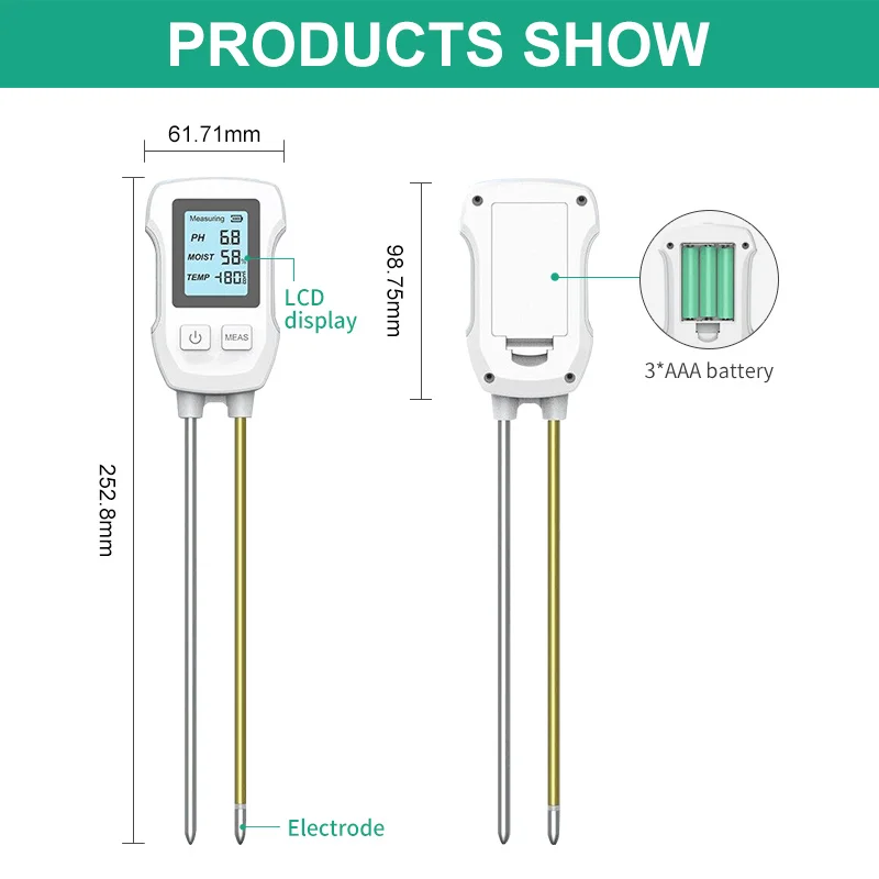 3 in1 LCD Soil Tester PH/Moisture/Temp pH Meter Heat-resistant Metal Sensor Humidity Monitor for Flower Plants Gardening