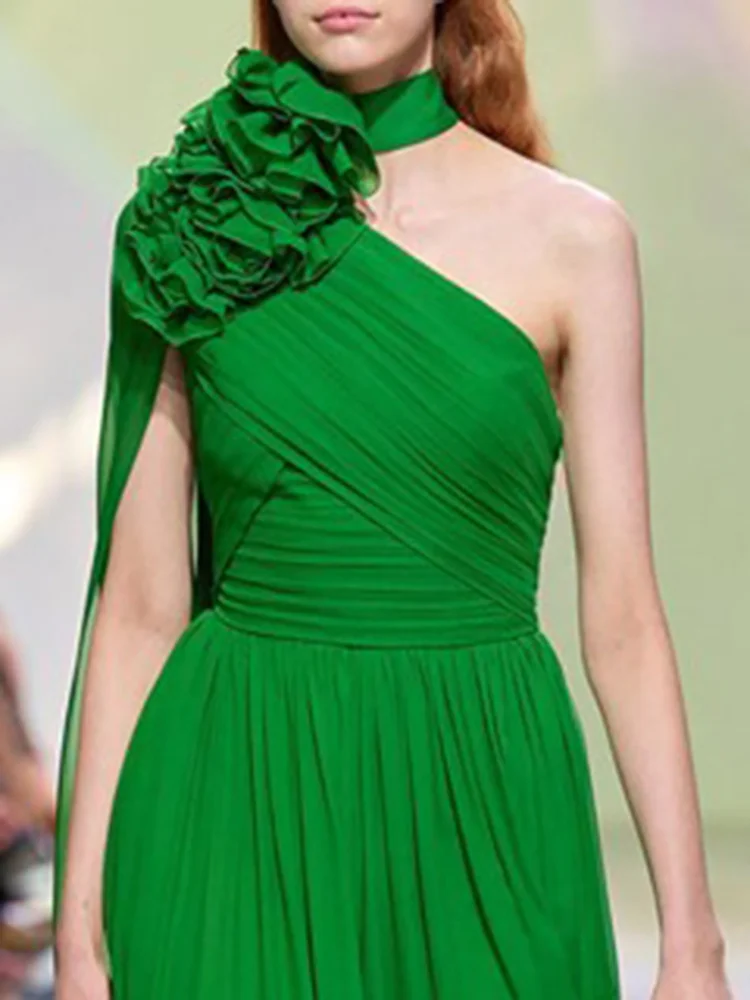 Elegante Groene Avondjurken 2023 Hoge Hals Bloemen Chiffon Plooien Formele Prom Jurken Celebrity Style Robe De Soirée