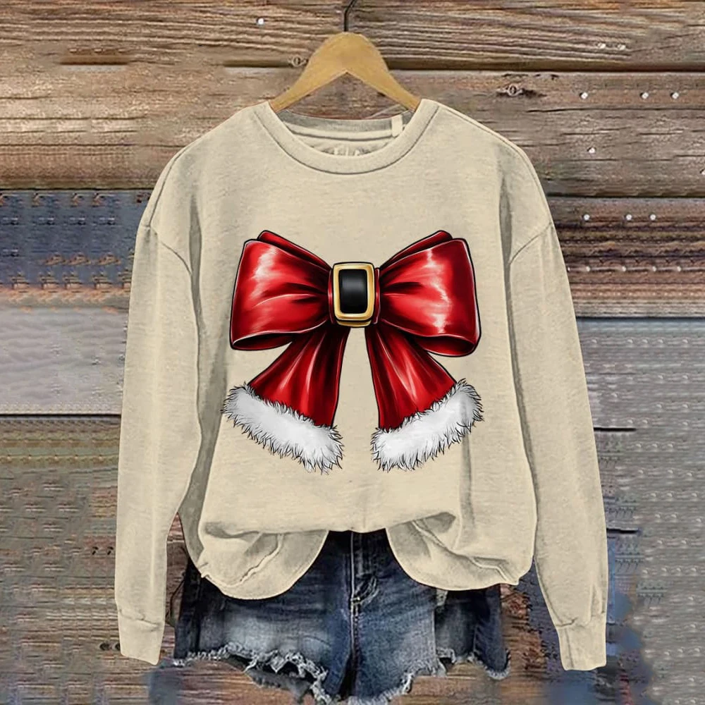 Women\'s Casual Sweatshirt Christmas Bow Print Design Autumn Thin Sweatshirt Girls Christmas Bow Gift Holiday Premium Hoodie