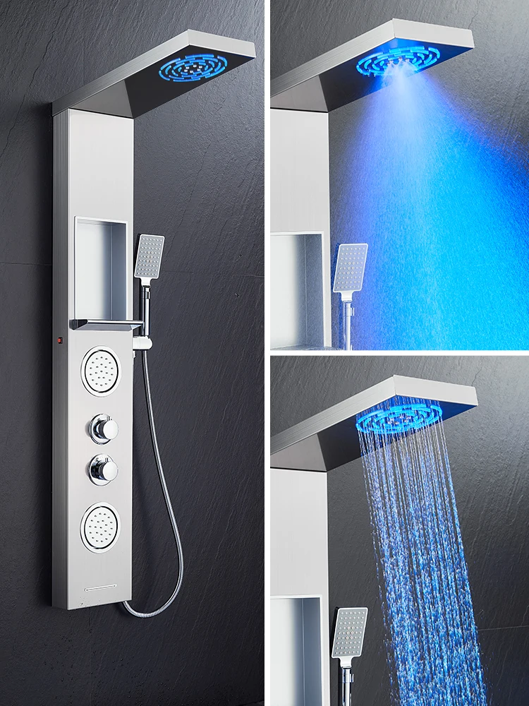 ROVATE Shower Panel LED Shower Tower Shelf 304 Stainless Steel Mist Rainfall System 2 Body Spa Jets Tup Spout Brushed Nickel