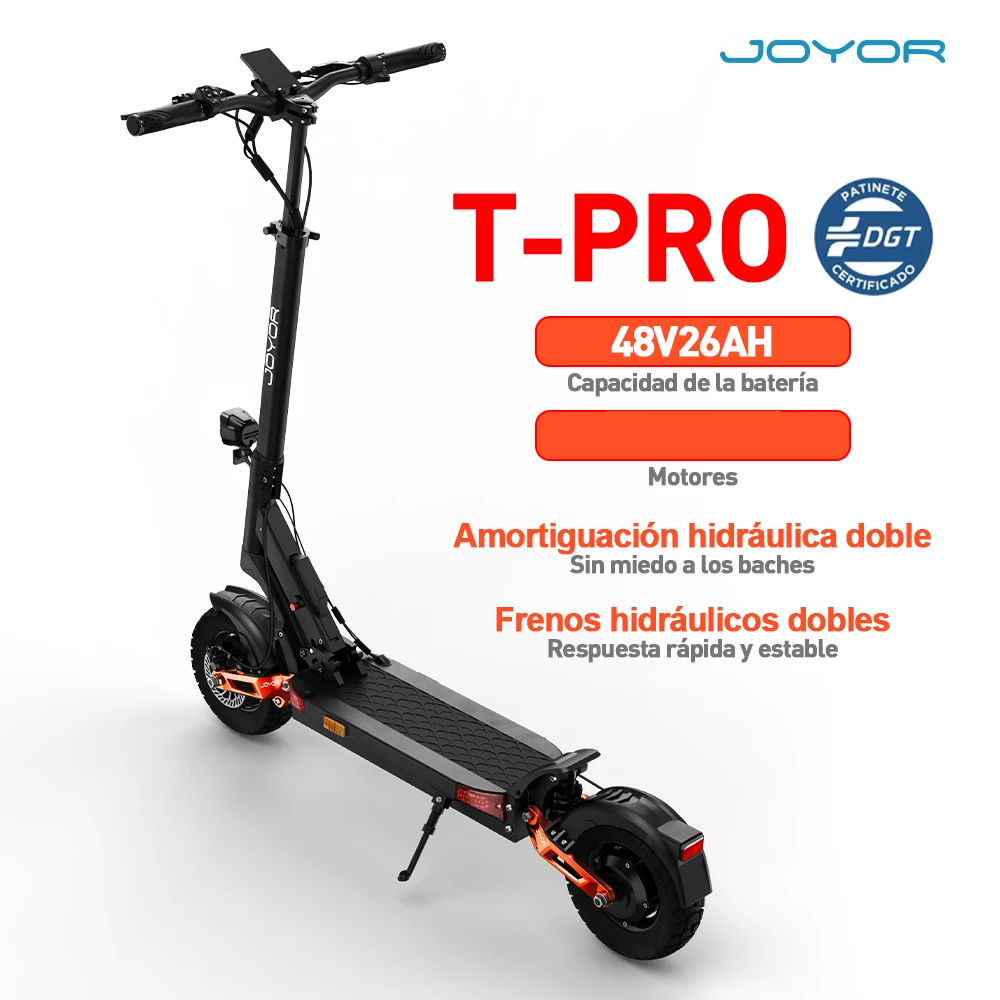 JOYOR T-PRO DGT-gecertificeerde elektrische scooter, geschikt voor gebruik op de weg, 48V 26AH-batterij, maximale snelheid 25 km/u, 10 inch banden voor alle soorten terrein, NFC-ontgrendeling,