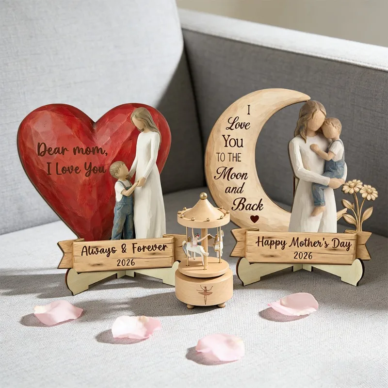 Mothers Day Wooden Heart Moon Hug Figurine, Engraved Sentimental Tabletop Decor, Mom Gift Home Ornament、Event & Party